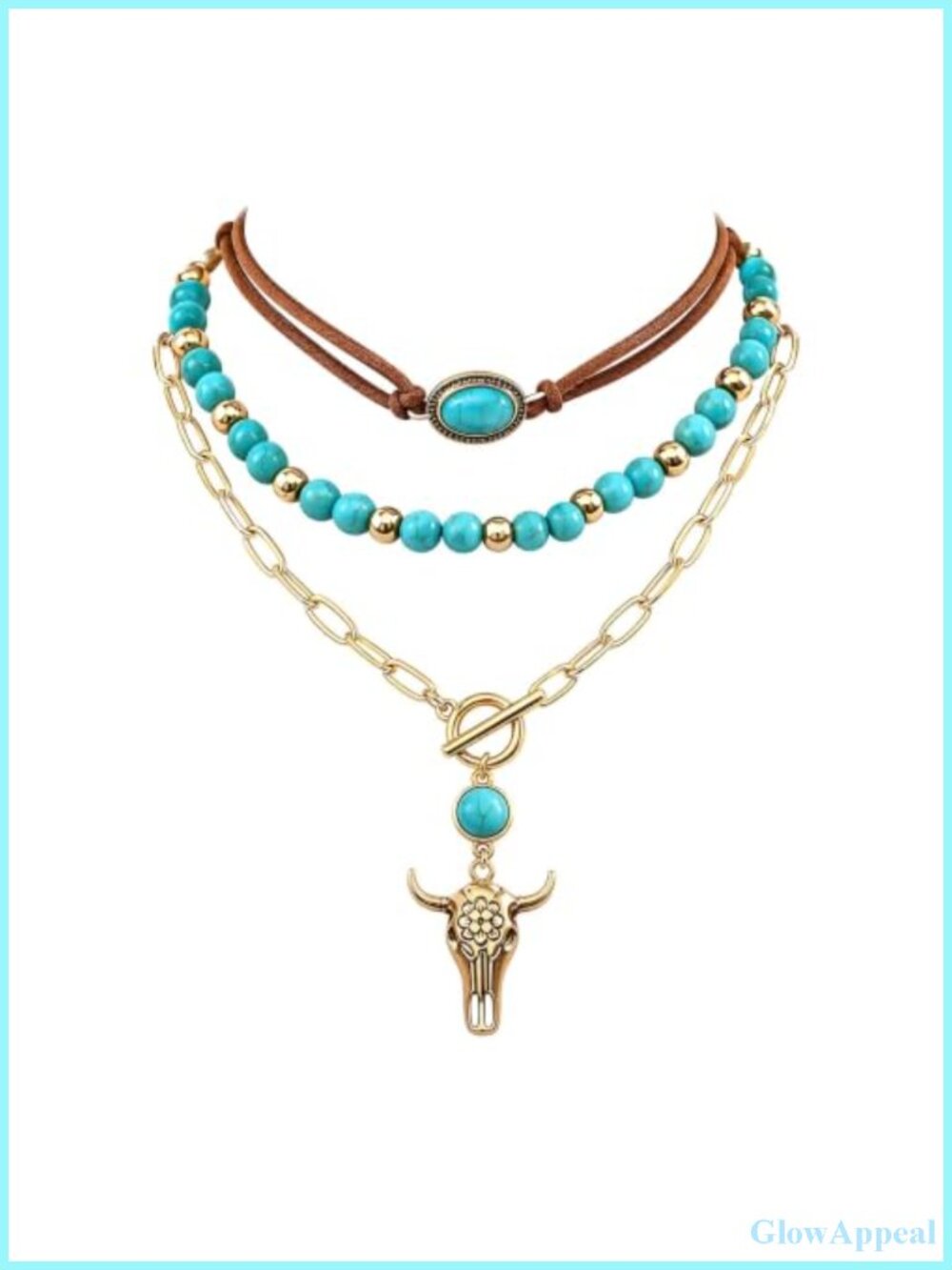 Western Layered Choker Necklace Set Turquoise Beads Ox Skull Pendant